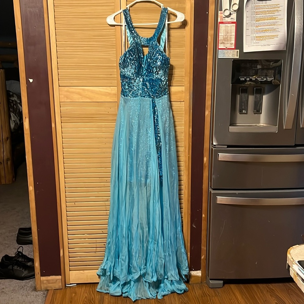 Teal cocktail dress with cape